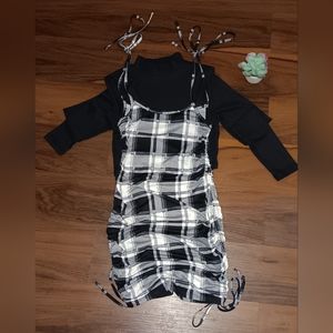 Almost Famous Black & White Plaid Dress with Long Sleeve Black Crop Top (S)
